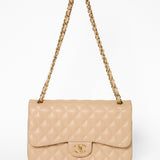 Chanel Beige Quiltat Läder Jumbo Classic Double Flap Bag